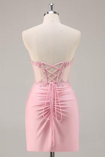 Pink Strapless Corset Tight Homecoming Dress with Appliques